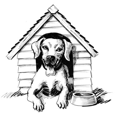 Köpek evde. Mürekkep siyah ve beyaz çizim