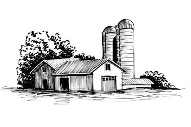 Eski çiftlik kırsal kesimde. Mürekkep siyah ve beyaz çizim