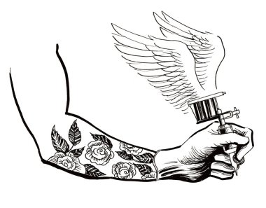 El ile kanatlı dövme makine. Mürekkep siyah ve beyaz çizim