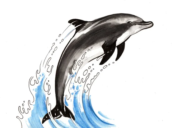 Jumping dolphin. Ink and watercolor illustration