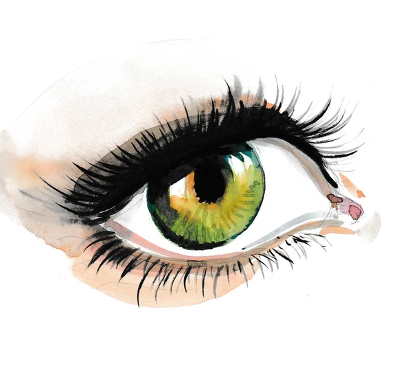 Piękne Zielone Oczy Czarnymi Rzęsami Tuszu Akwareli Rysunku — Zdjęcie stockowe