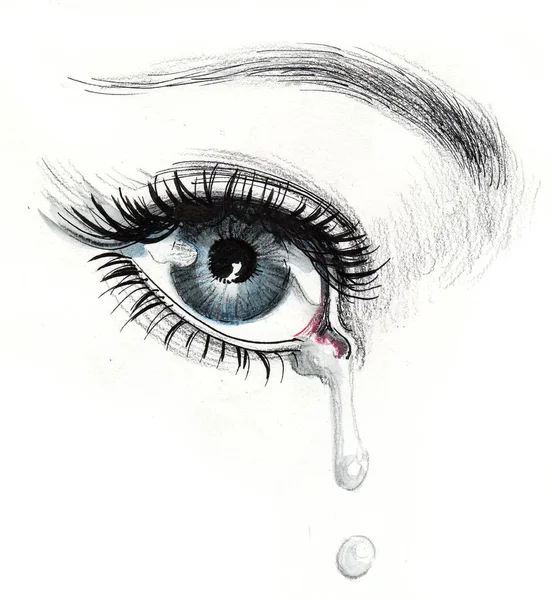 Crying Beautiful Eye Ink Watercolor Drawing — Stock Photo, Image