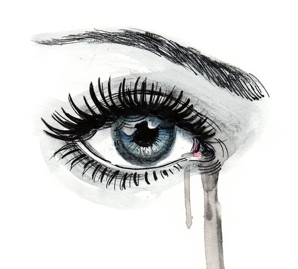 美しい女性の泣いている目 インクと水彩イラスト — ストック写真