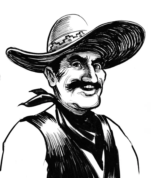 Mexicaanse Boer Sombrero Hoed Inkt Zwart Wit Tekening — Stockfoto
