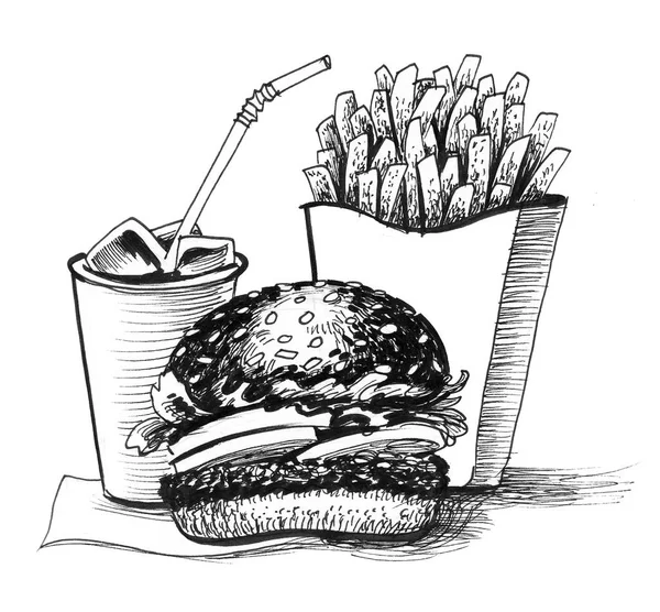 Hamburger Patates Kızartması Içecek Mürekkep Siyah Beyaz Çizim — Stok fotoğraf