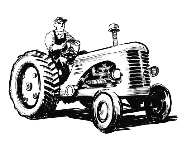 Fermier Conduisant Tracteur Rétro Encre Dessin Noir Blanc — Photo