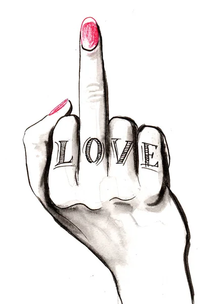 Långfingret Och Kärlek Tatuering Bläck Och Akvarell Illustration — Stockfoto