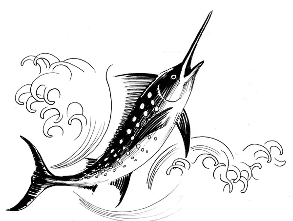 Рыба Меч Прыгает Чернила Черно Белые — стоковое фото