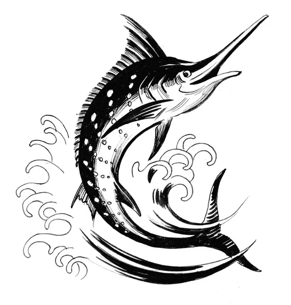 Meč Ryby Vlnách Moře Inkoustový Černobílý Výkres — Stock fotografie