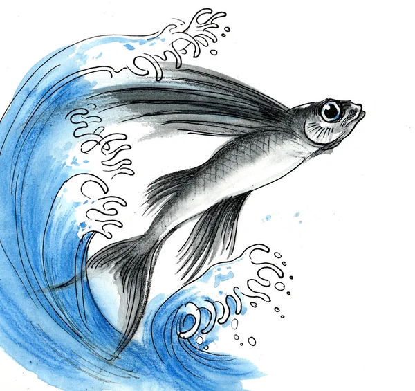 Fliegende Fische Meereswellen Tusche Und Aquarell Illustration — Stockfoto