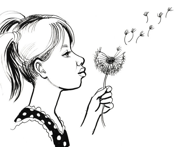 Girl and dandelion Ink black and white drawing