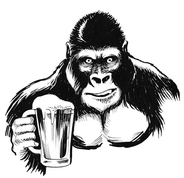 Gorila Cerveza Tinta Blanco Negro Dawing — Foto de Stock
