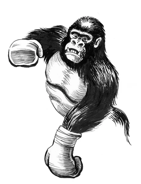 Gorilla Punching Ink Black White Drawing — Stock Photo, Image