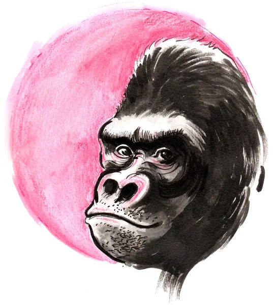 Gorilla face. Ink and watercolor illustration