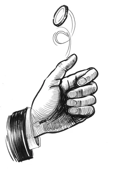硬貨を弾くことの手 インクの黒と白の図面 — ストック写真