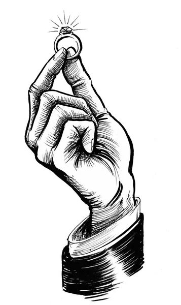 Hand Mit Ehering Tusche Schwarz Weiß Zeichnung — Stockfoto