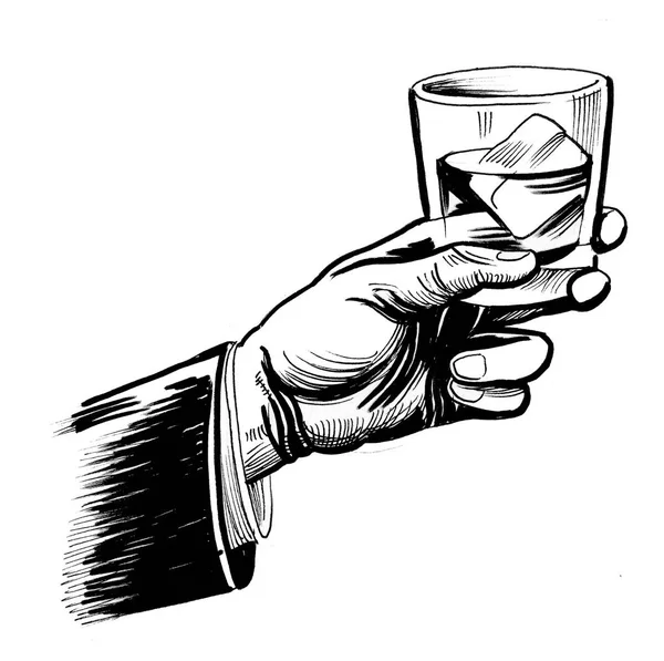 Mano Con Vaso Whisky Dibujo Blanco Negro Tinta —  Fotos de Stock