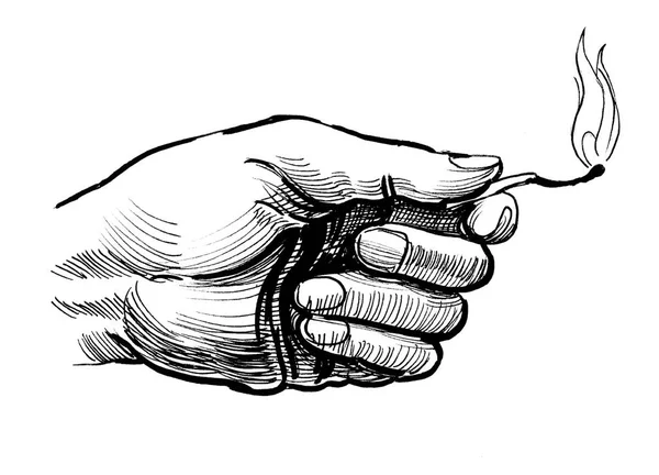 Ręka Trzyma Płonący Meczu Czarno Biały Rysunek Tuszem — Zdjęcie stockowe