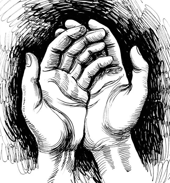 Ανθρώπινα Χέρια Μελάνι Ασπρόμαυρο Σχέδιο — Φωτογραφία Αρχείου