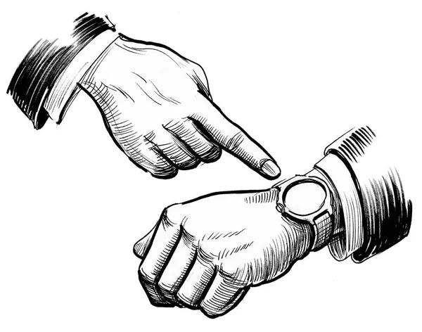 Hand Pointing Watch Ink Black White Drawing — Stock Photo, Image