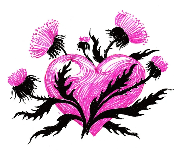 Purpurové Srdce Fialové Květy Tušové Malby — Stock fotografie