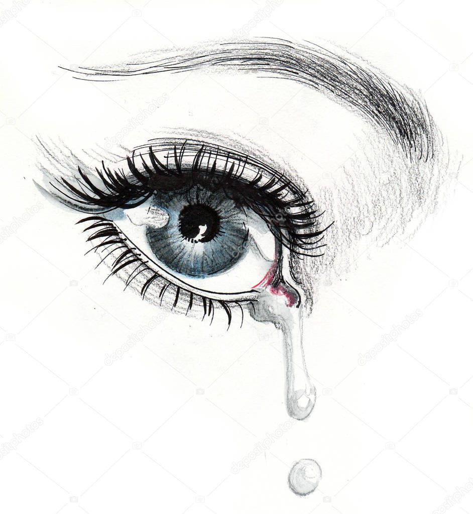 Crying beautiful eye. Ink and watercolor drawing