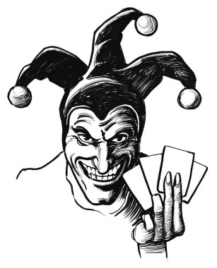 Oyun güvertesi olan Jester. Mürekkep siyah ve beyaz çizim