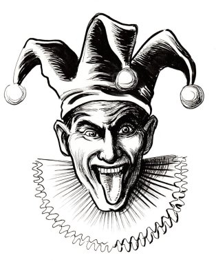Dilini dışarı yapan Jester. Mürekkep siyah ve beyaz çizim