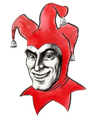 Aptal şapka içinde Jester kafası. Mürekkep ve suluboya illüstrasyon