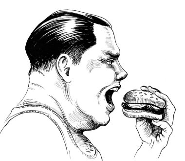 Şişman adam hamburger ısırma. Mürekkep siyah ve beyaz çizim