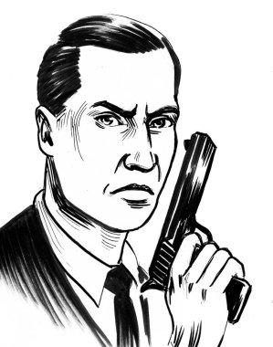 Silahlı adam. Mürekkep siyah ve beyaz çizim