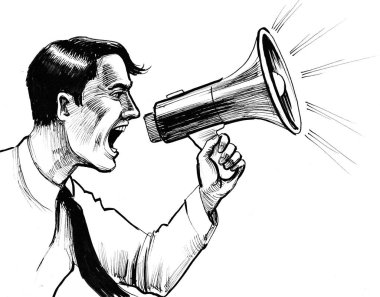 Hoparlör bağıran adam. Mürekkep siyah ve beyaz çizim