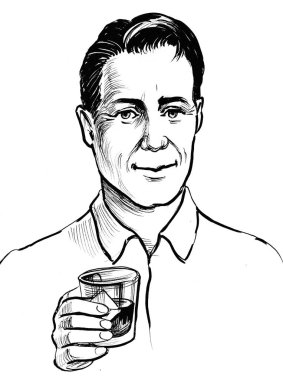 Bir bardak viski tutan adam. Mürekkep siyah beyaz resim