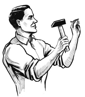 Bir çivi bir çekiç aracıyla isabet adam. Mürekkep siyah ve beyaz çizim