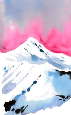 Karlı dağ ve pembe gündoğumu. Suluboya resim