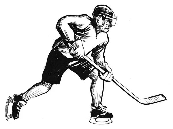 Ice Hockey Player Ink Black White Drawing — Stock Photo, Image