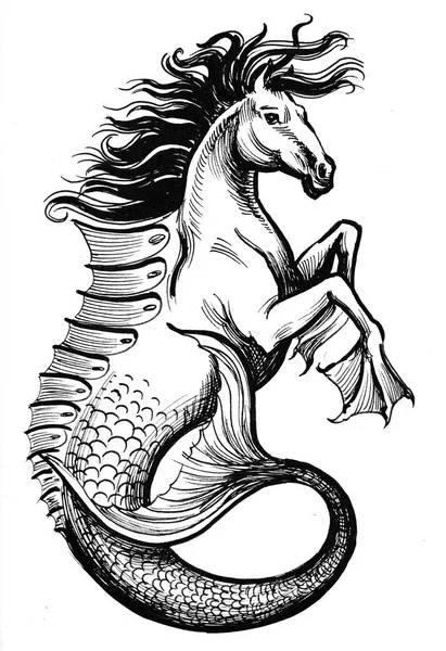 Hippocampus Mitologicznych Zwierząt Atrament Czarno Biały Rysunek — Zdjęcie stockowe