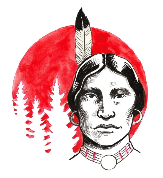 Native American Czerwone Słońce Tusz Akwarela Ilustracji — Zdjęcie stockowe