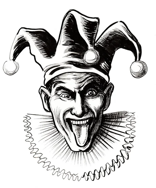 舌を出した道化師 黒と白のインク描画 — ストック写真