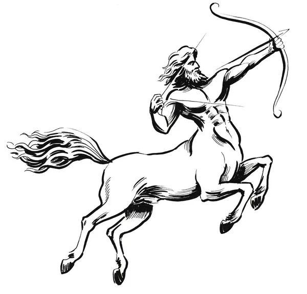Kentaur Met Een Boog Inkt Zwart Wit Tekening — Stockfoto
