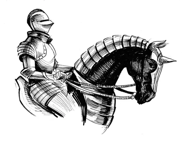馬に鎧を着た騎士黒と白のインク描画 — ストック写真