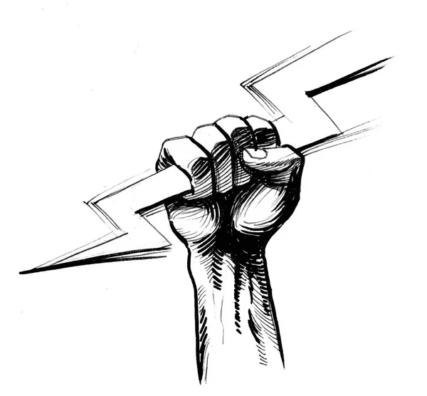 Hand Holding Lightning Ink Black White Drawing — Stock Photo, Image