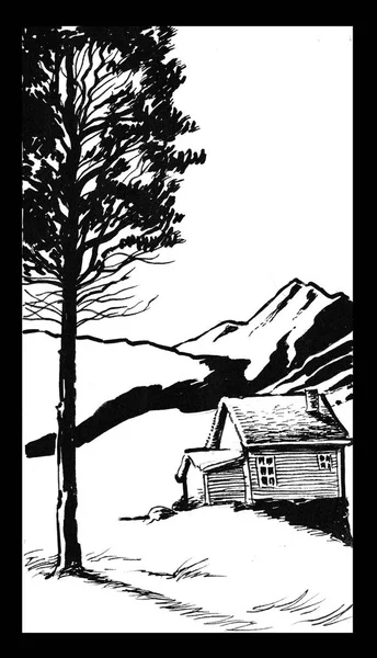 Small cabin in the mountains and tree. Ink black and white drawing