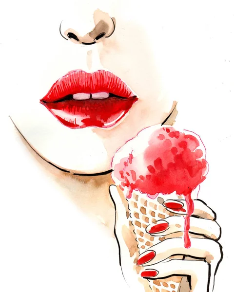 Bonitos Labios Mano Sosteniendo Helado Ilustración Tinta Acuarela —  Fotos de Stock