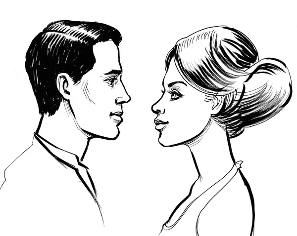 Handsome Man Beautiful Woman Ink Black White Drawing — Stock Photo, Image