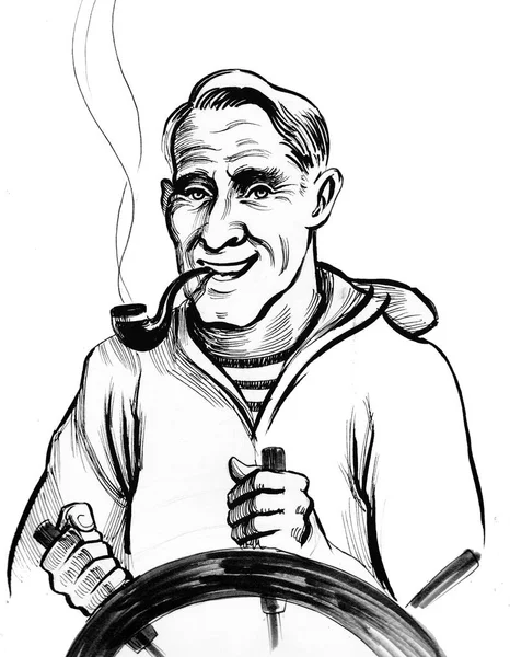 禁煙パイプとステアリング ホイールで船乗りを笑っています インクの黒と白の漫画 — ストック写真