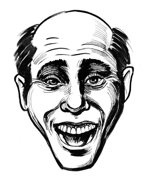 Laughing Bald Man Ink Black White Drawing — Stock Photo, Image