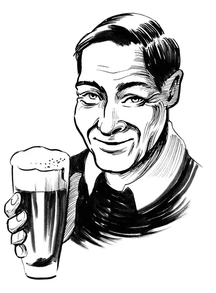 Uomo Sorridente Con Bicchiere Birra Inchiostro Disegno Bianco Nero — Foto Stock