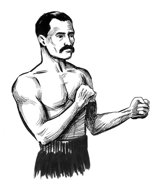 Retro Boxer Ink Black White Drawing — Stock Photo, Image