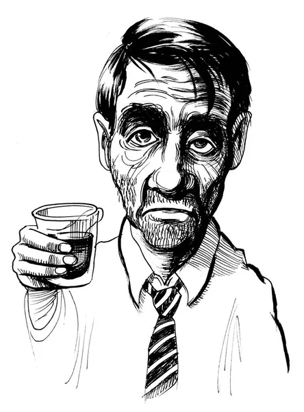 Opilý Muž Sklenkou Whisky Inkoustový Černobílý Výkres — Stock fotografie